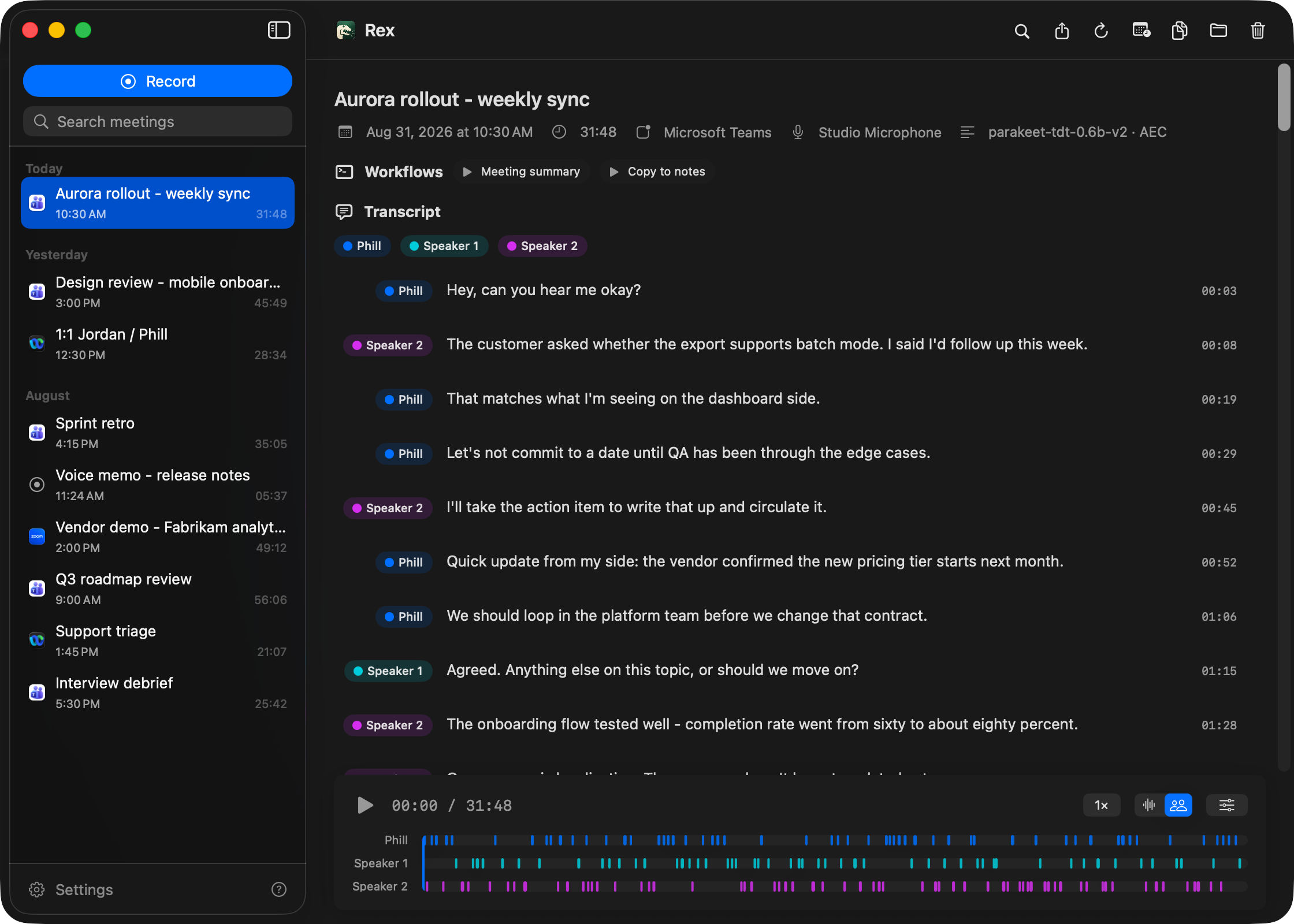 The Rex main window with a transcribed meeting selected