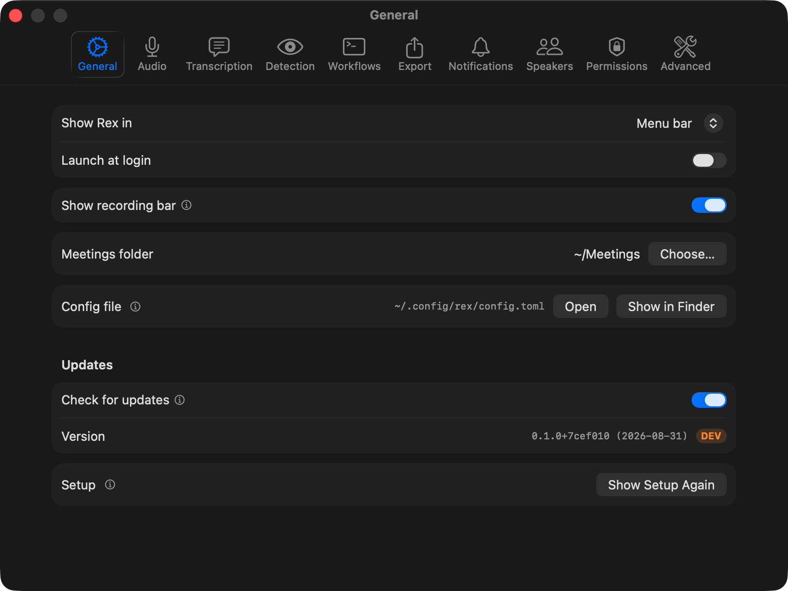 The Rex settings window